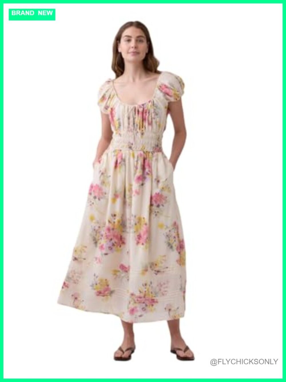 Short Sleeve Smocked Midi Dress A-Line Crew Neck Casual - Picture 1 of 4